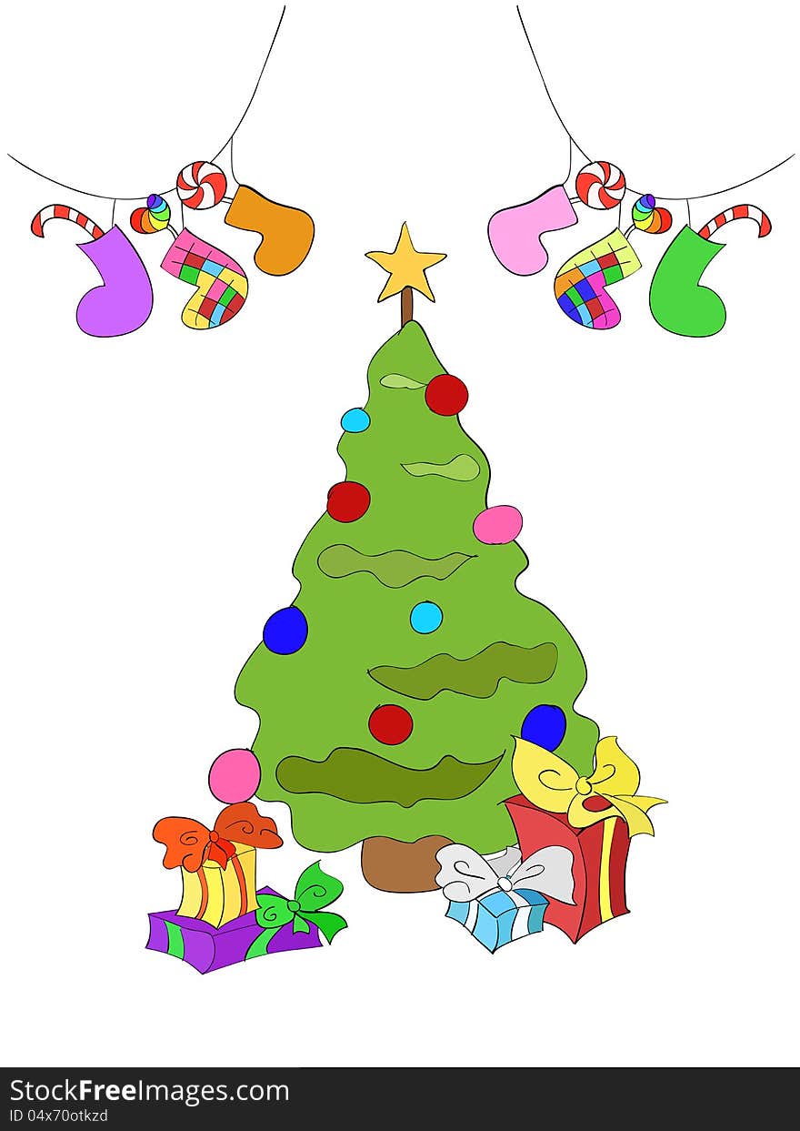 Cheerful bright Christmas illustration of a fir-tree, gifts, and socks with sugar candies. Cheerful bright Christmas illustration of a fir-tree, gifts, and socks with sugar candies