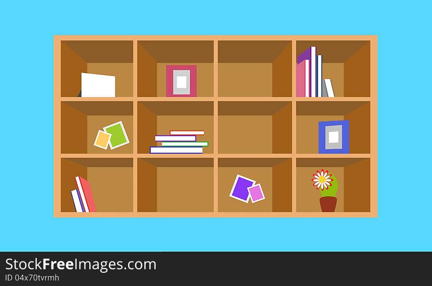 Illustration of the cute cozy shelf with books, papers, a plant, a framework. Illustration of the cute cozy shelf with books, papers, a plant, a framework