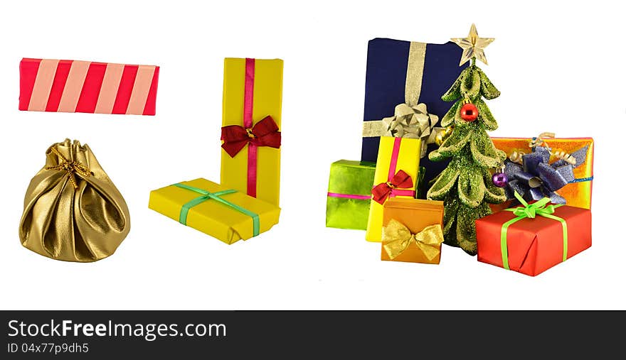 The collection of gift boxes with bows and ribbon on the white background. The collection of gift boxes with bows and ribbon on the white background