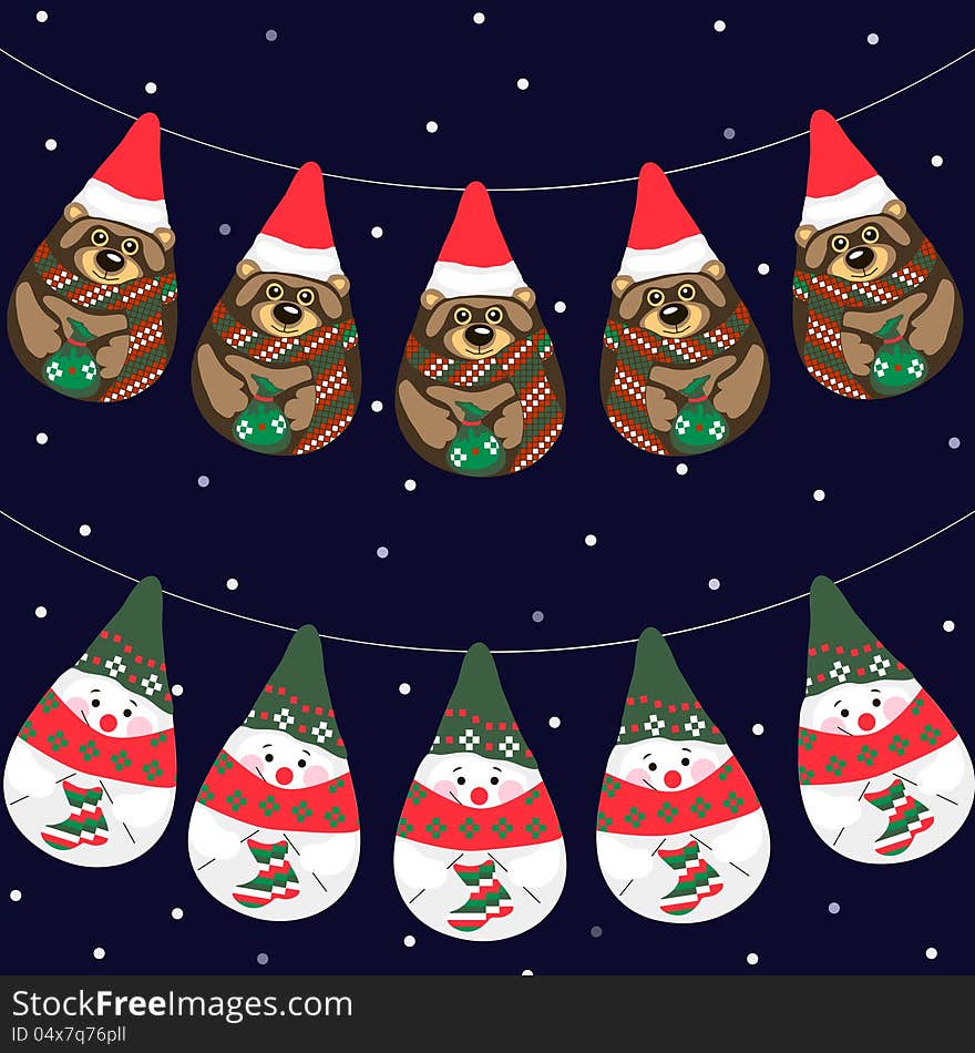 Vector illustration of Christmas garlands with snowmen and bears