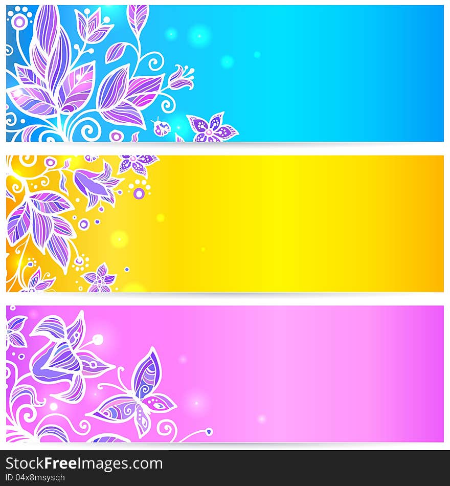 Colorful blue, yellow and violet doodle flowers banners