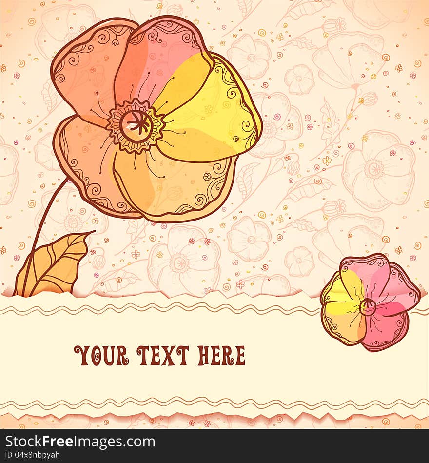 Vintage red, orange and yellow flowers vector greeting card. Vintage red, orange and yellow flowers vector greeting card