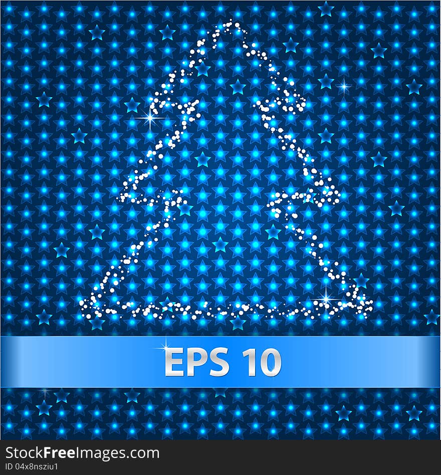 Christmas tree on the blue stars background