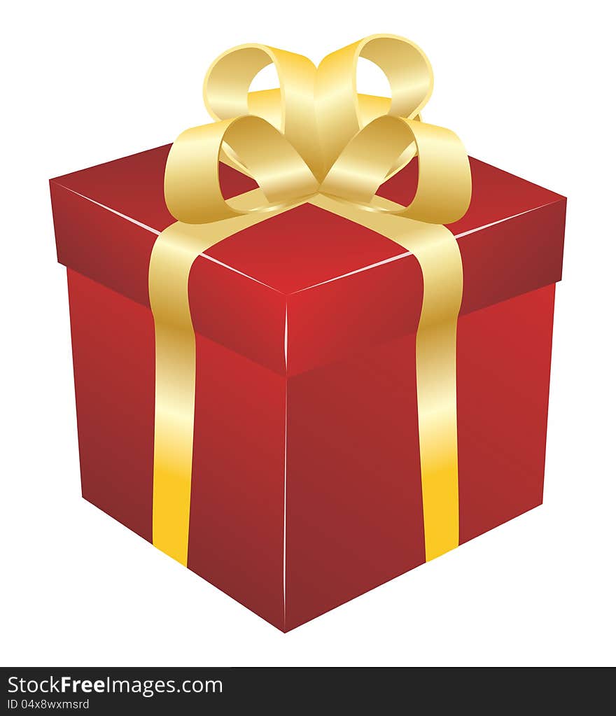 Illustration of red gift box with golden bow on white background.