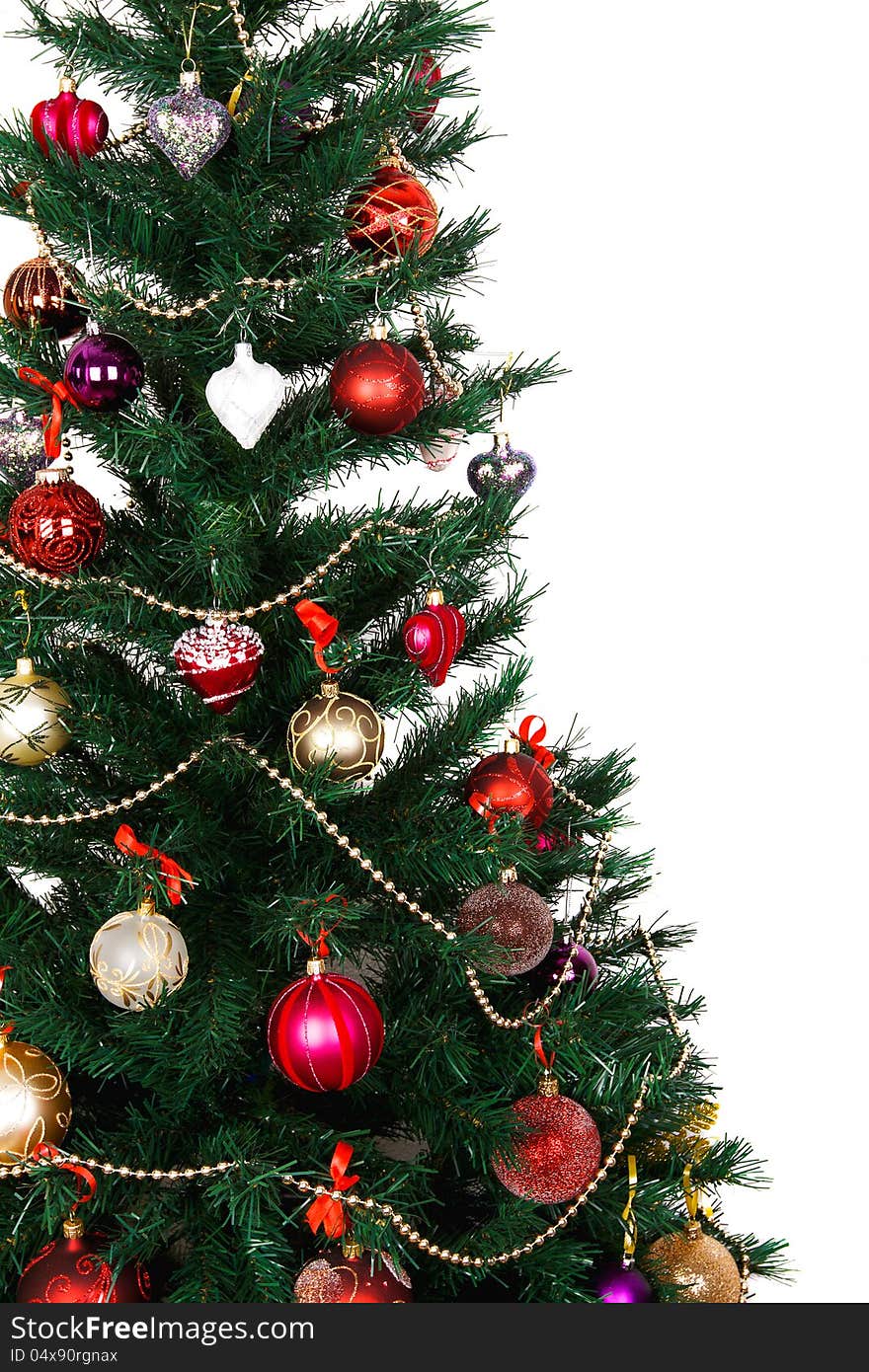 Decorated Christmas tree on white background