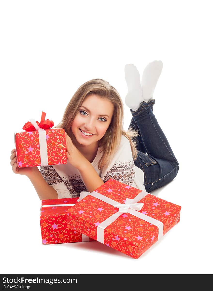 Young Woman Holding Gift, Lies On W