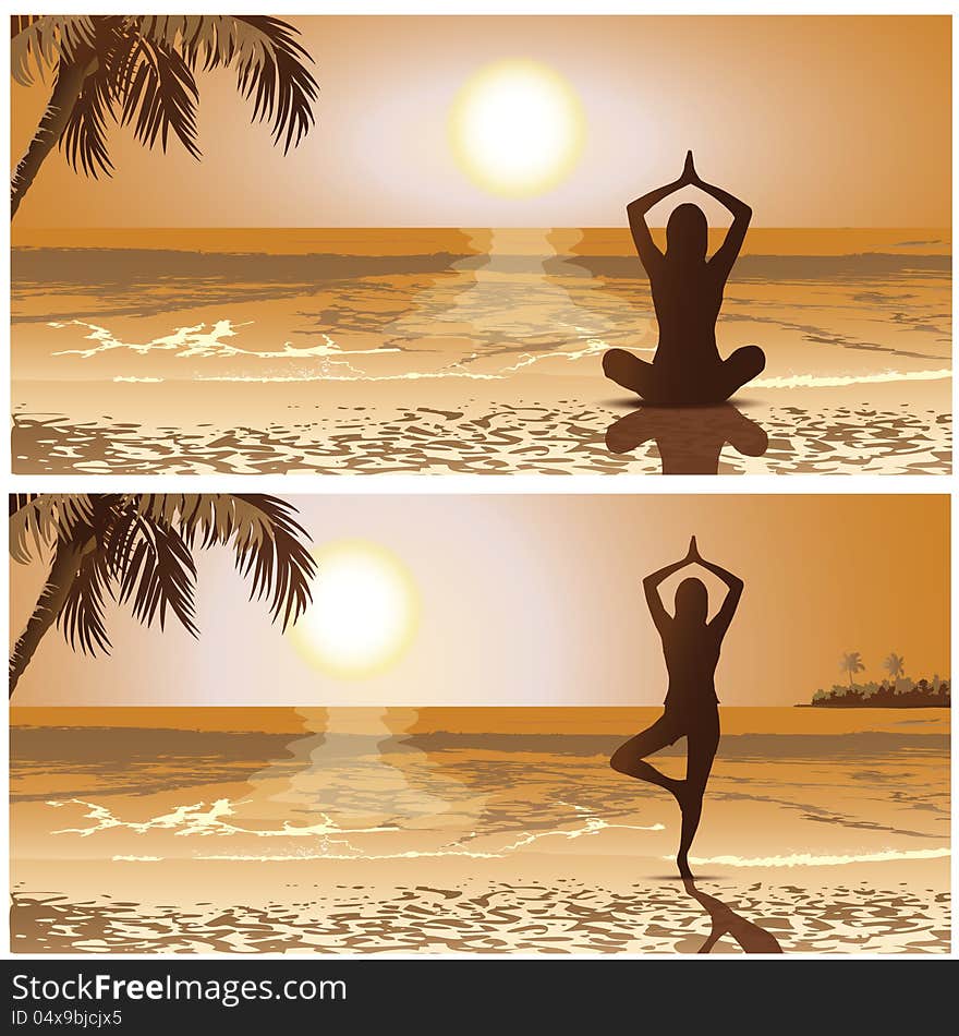 Sunset yoga on the beach in tropical isle