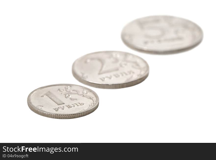 Pile of Russia coins is photographed on the white background