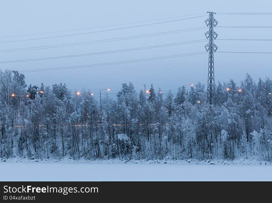 Powerlines and snowy trees