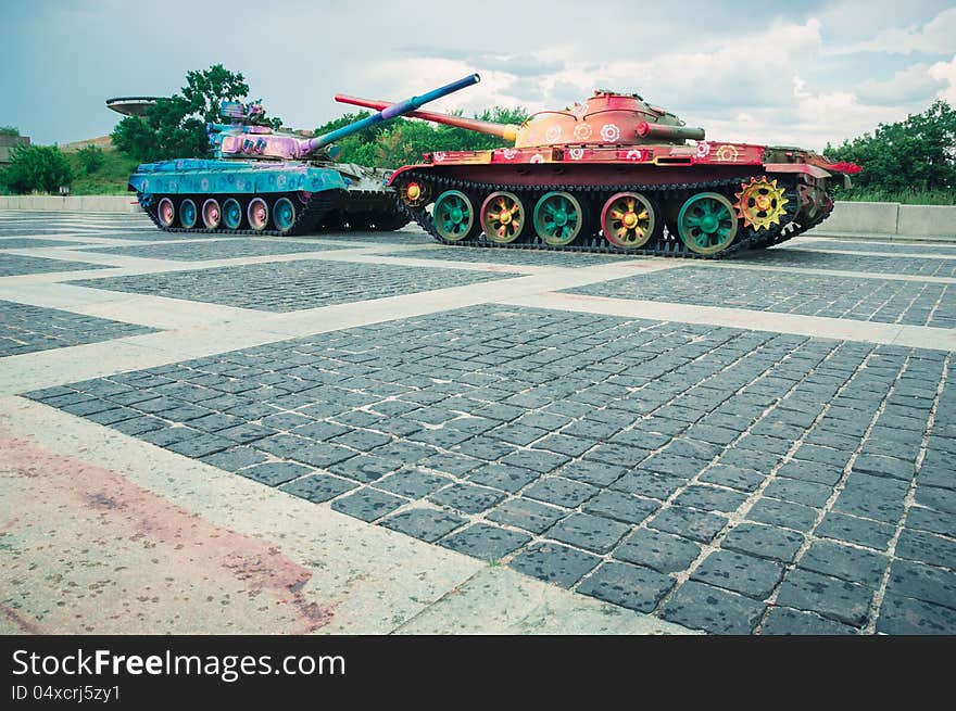 Tanks painted with flowers in Kyiv, Ukraine