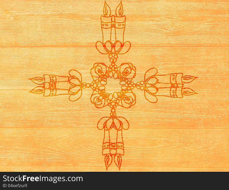 Abstract illustration of hand drawn candle ornament on wooden background.