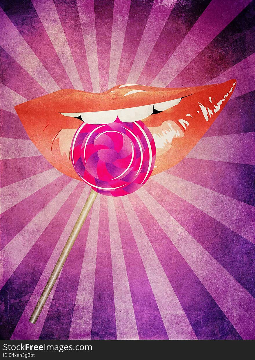 Lips and tasty lollipop on grunge background