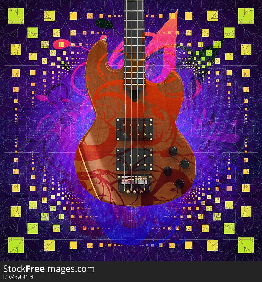 Abstract illustration of 3d guitar on colorful background. Abstract illustration of 3d guitar on colorful background.