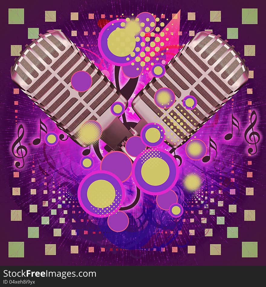 Illustration of colorful music background with two old microphones. Illustration of colorful music background with two old microphones.