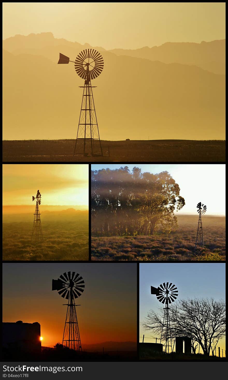 Landscape collage with windmill waterpumps at sunrise