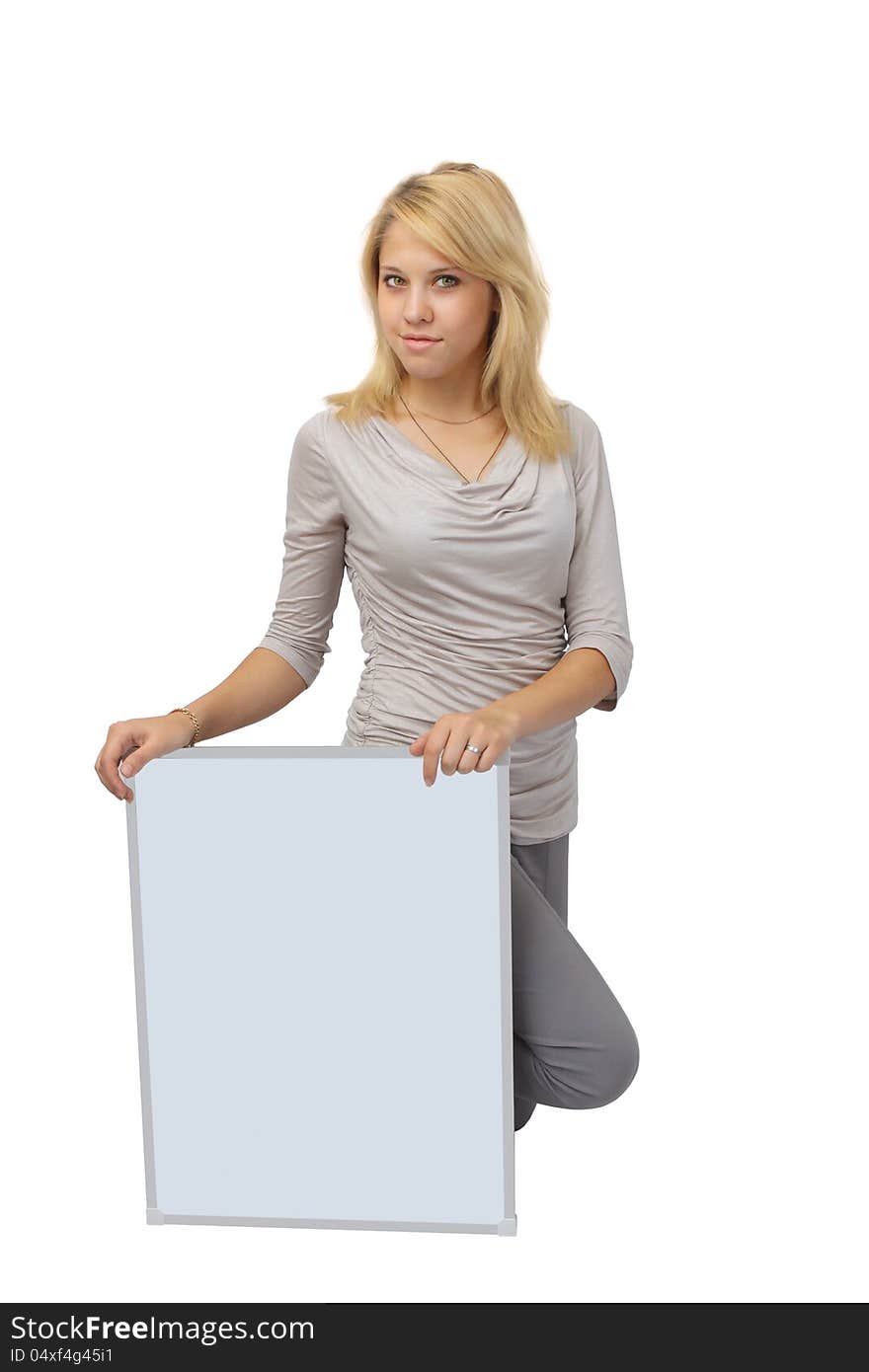 A young woman holding banner.Isolated on white background