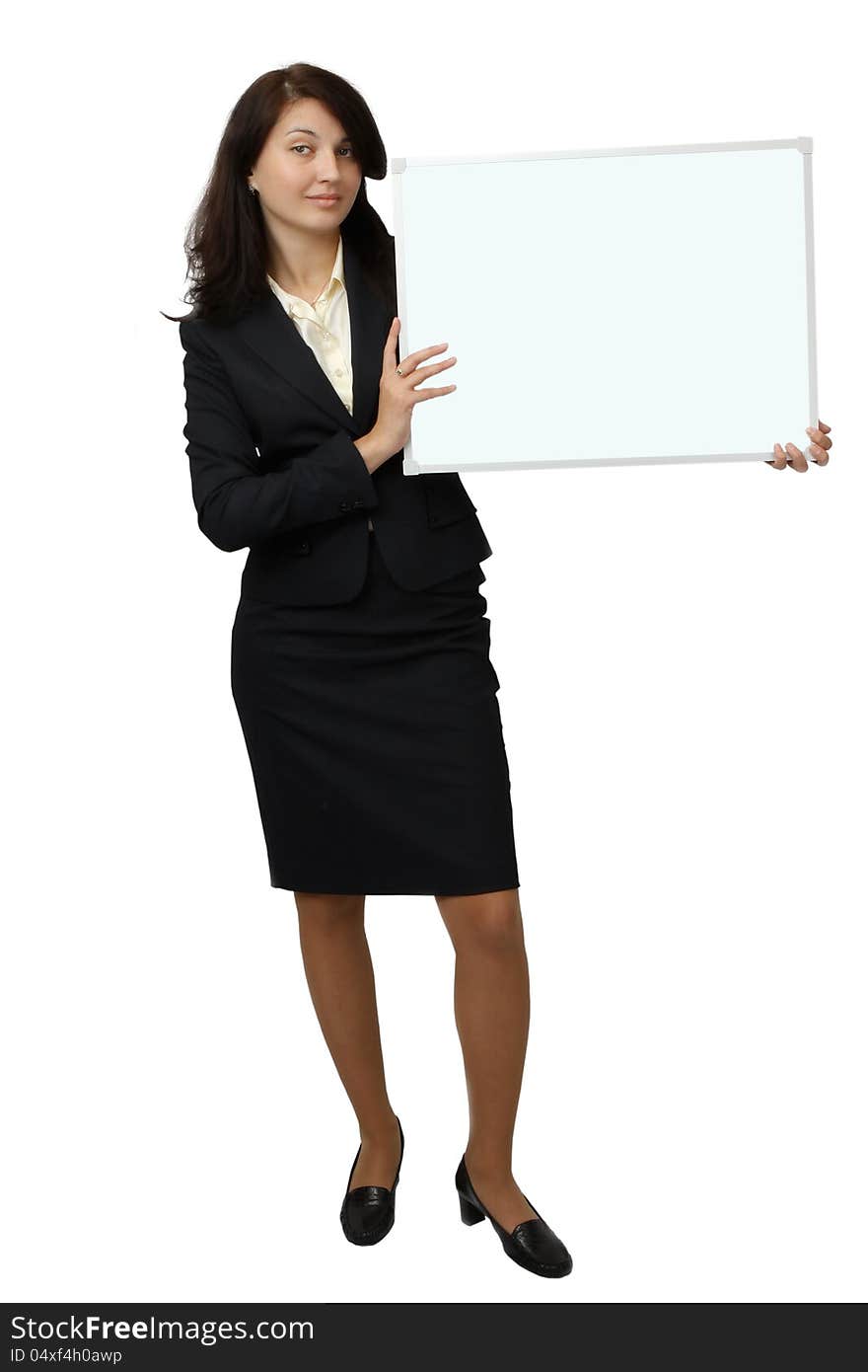 A young woman holding banner.Isolated on white background. A young woman holding banner.Isolated on white background