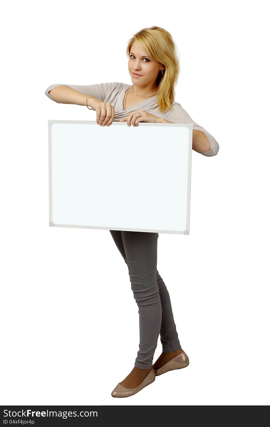 A young woman holding banner.Isolated on white background