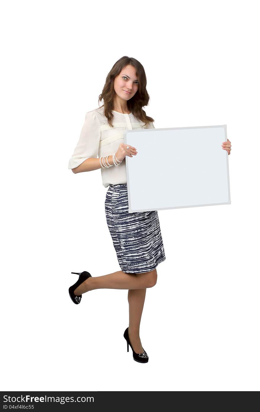 A young woman holding banner.Isolated on white background. A young woman holding banner.Isolated on white background