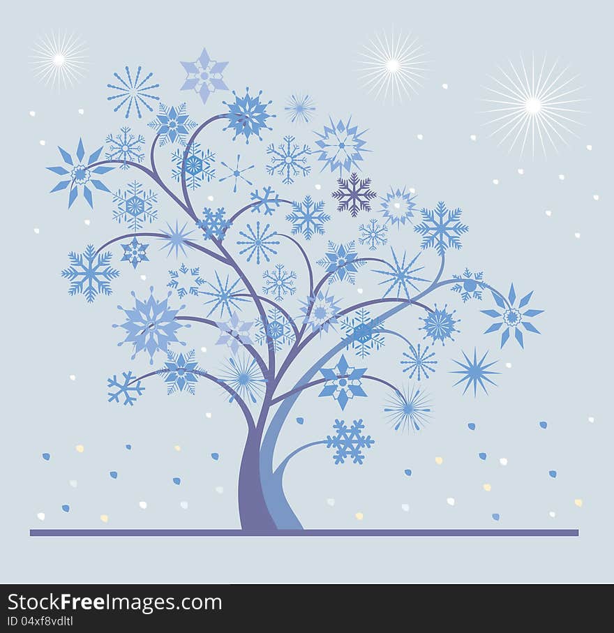 Abstract tree with swinging branches and snowflakes. Abstract tree with swinging branches and snowflakes