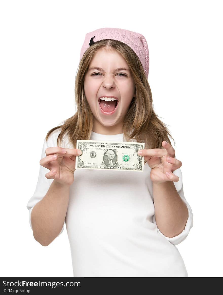 Happy little girl showing her first pocket money isolated on white background. Happy little girl showing her first pocket money isolated on white background