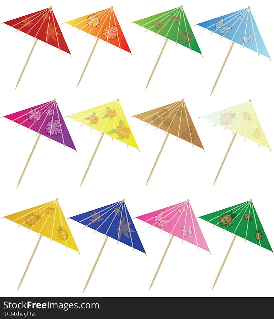 Set of cocktail umbrella in different colors on white background, vector illustration