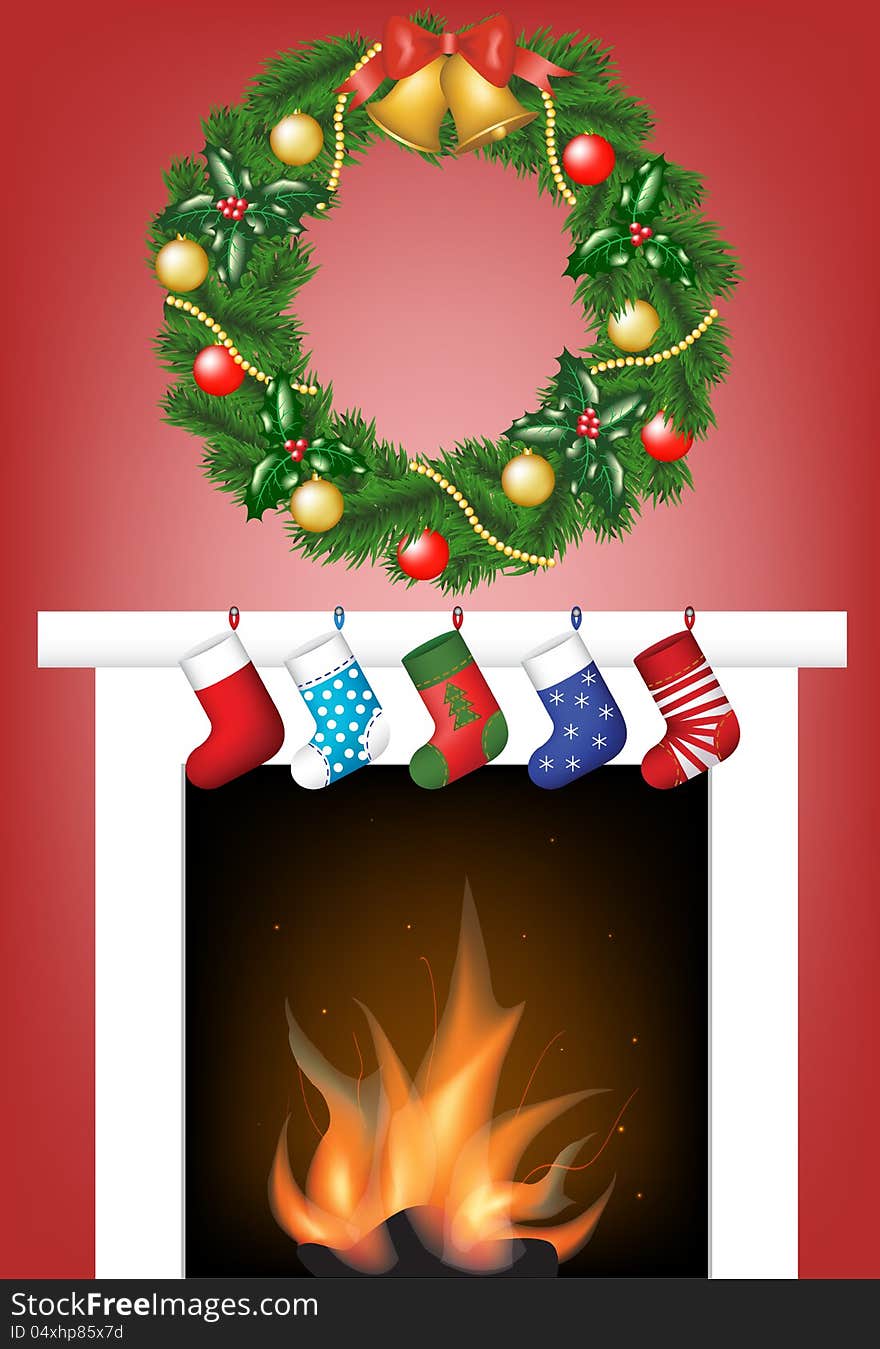 Christmas card with fire place, socks and garland. Christmas card with fire place, socks and garland