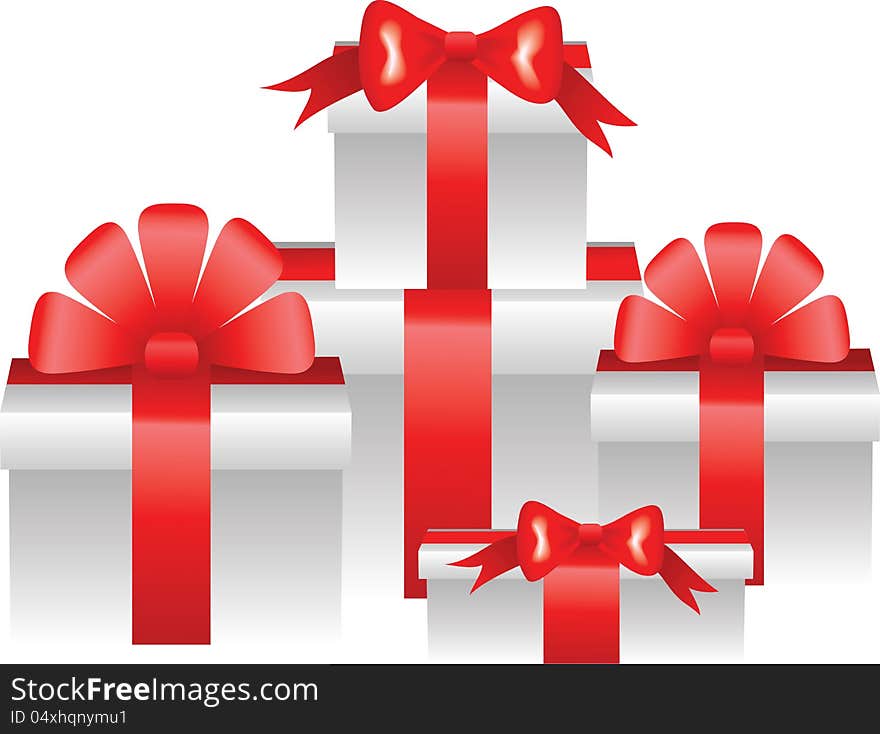 Group of christmas gifts with red ribbon