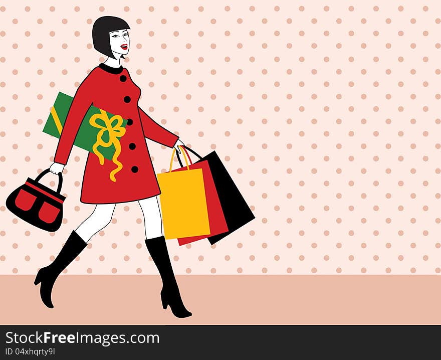 Woman with shopping bag and gift on polka dot background