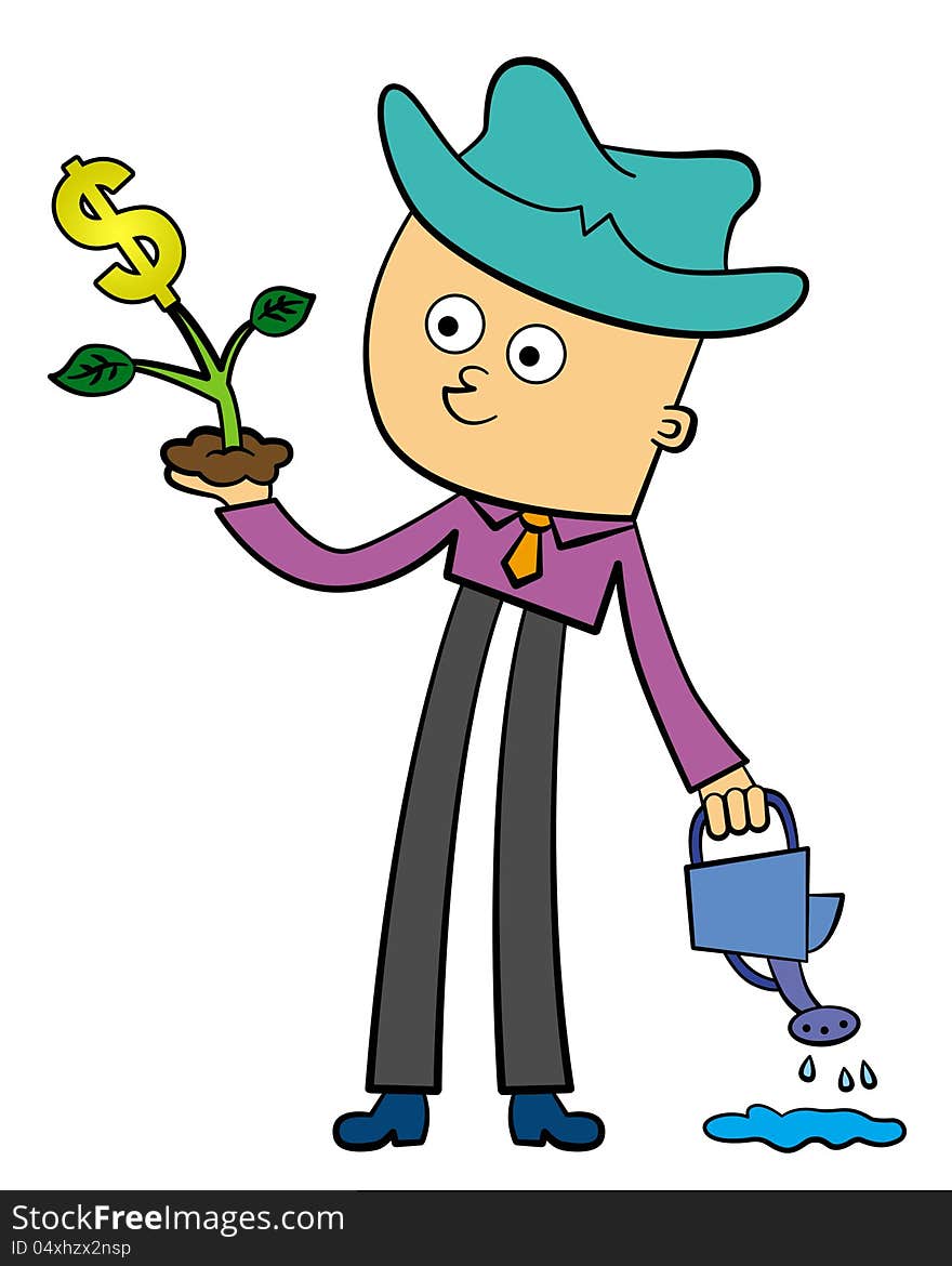 A cartoon business man holding a plant with a dollar sign. A cartoon business man holding a plant with a dollar sign