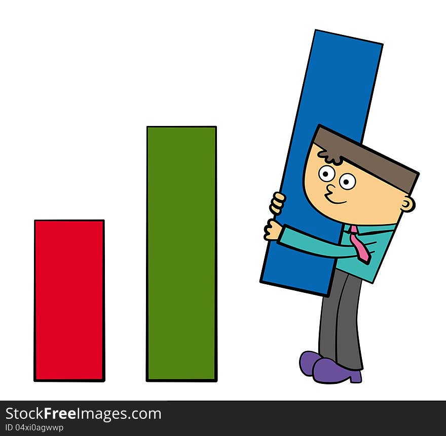 A business man carrying a bar from a bar graph. A business man carrying a bar from a bar graph