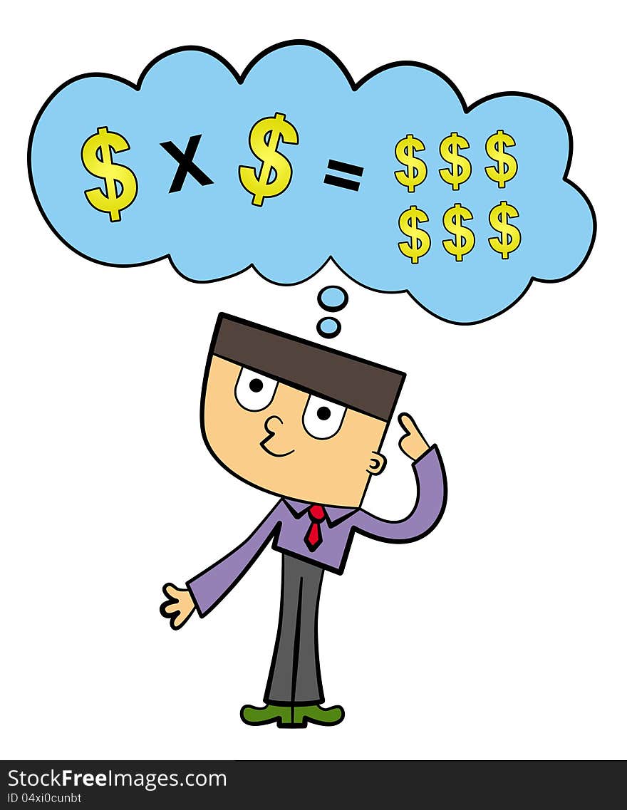 A cute cartoon business man multiplying dollar signs. A cute cartoon business man multiplying dollar signs