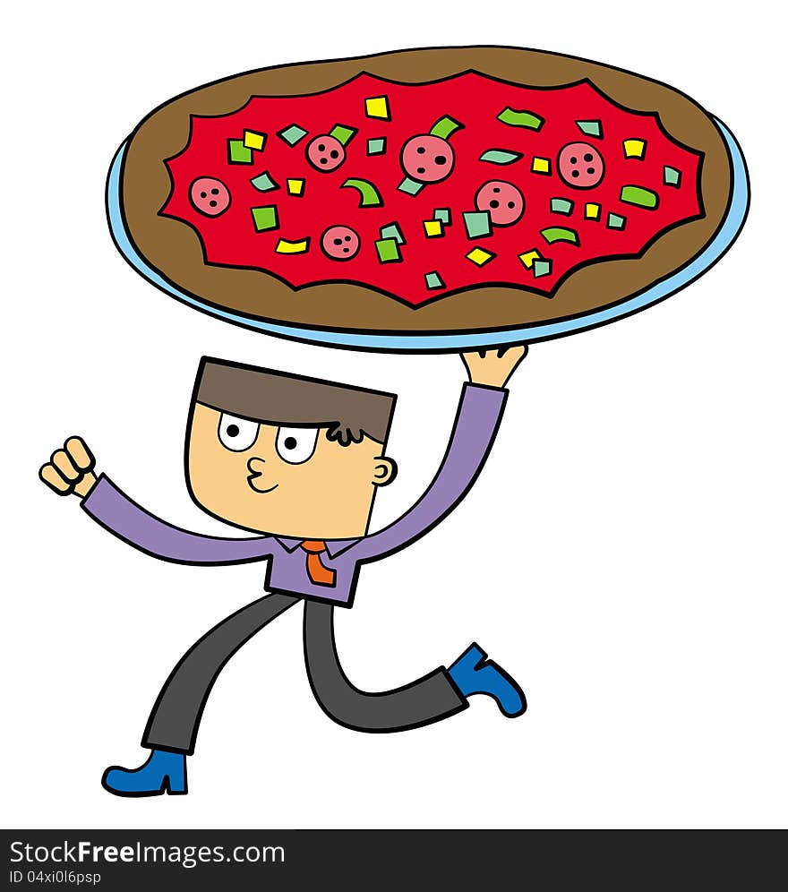 A business man running with a giant pizza. A business man running with a giant pizza