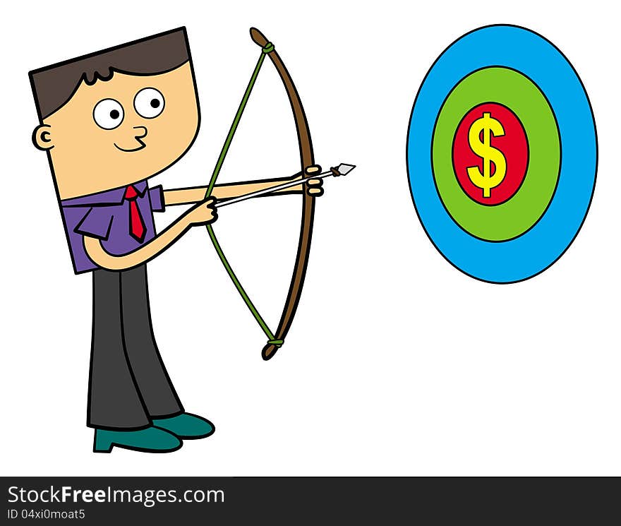 A business man with an arrow targets a dollar sign. A business man with an arrow targets a dollar sign