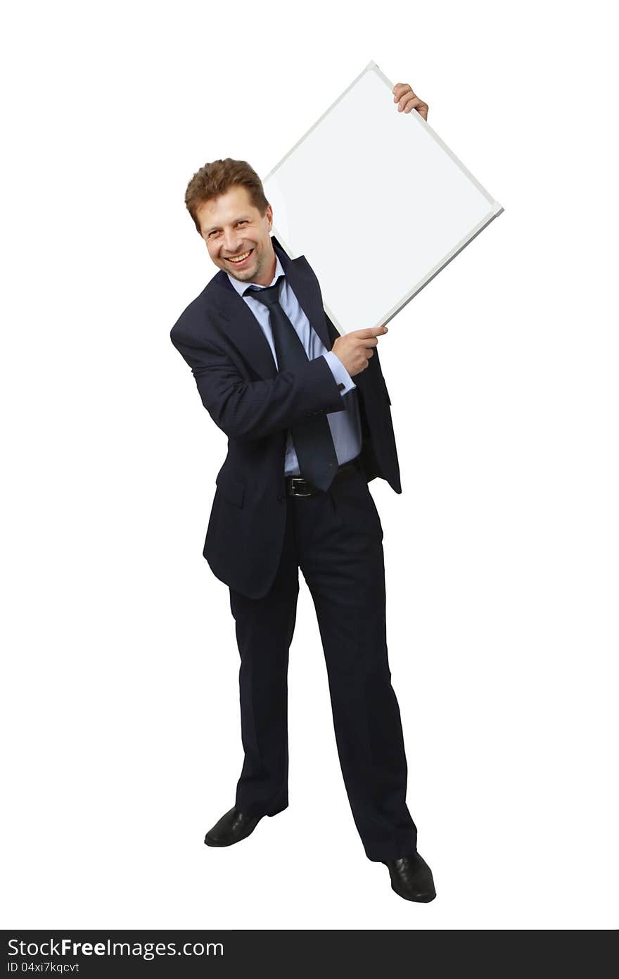 Business man holding banner. Isolated on white background