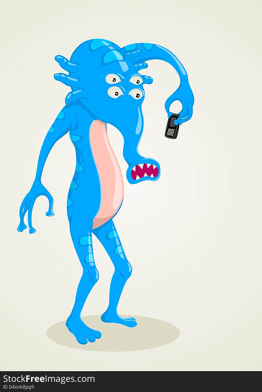 Cartoon illustration of strange creature holding a cellular phone. Cartoon illustration of strange creature holding a cellular phone