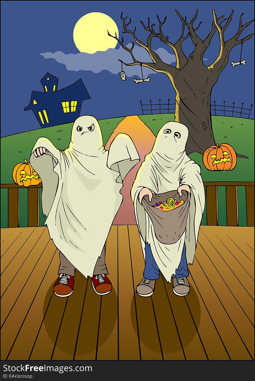 Illustration of children with candy bag at Halloween night. Illustration of children with candy bag at Halloween night