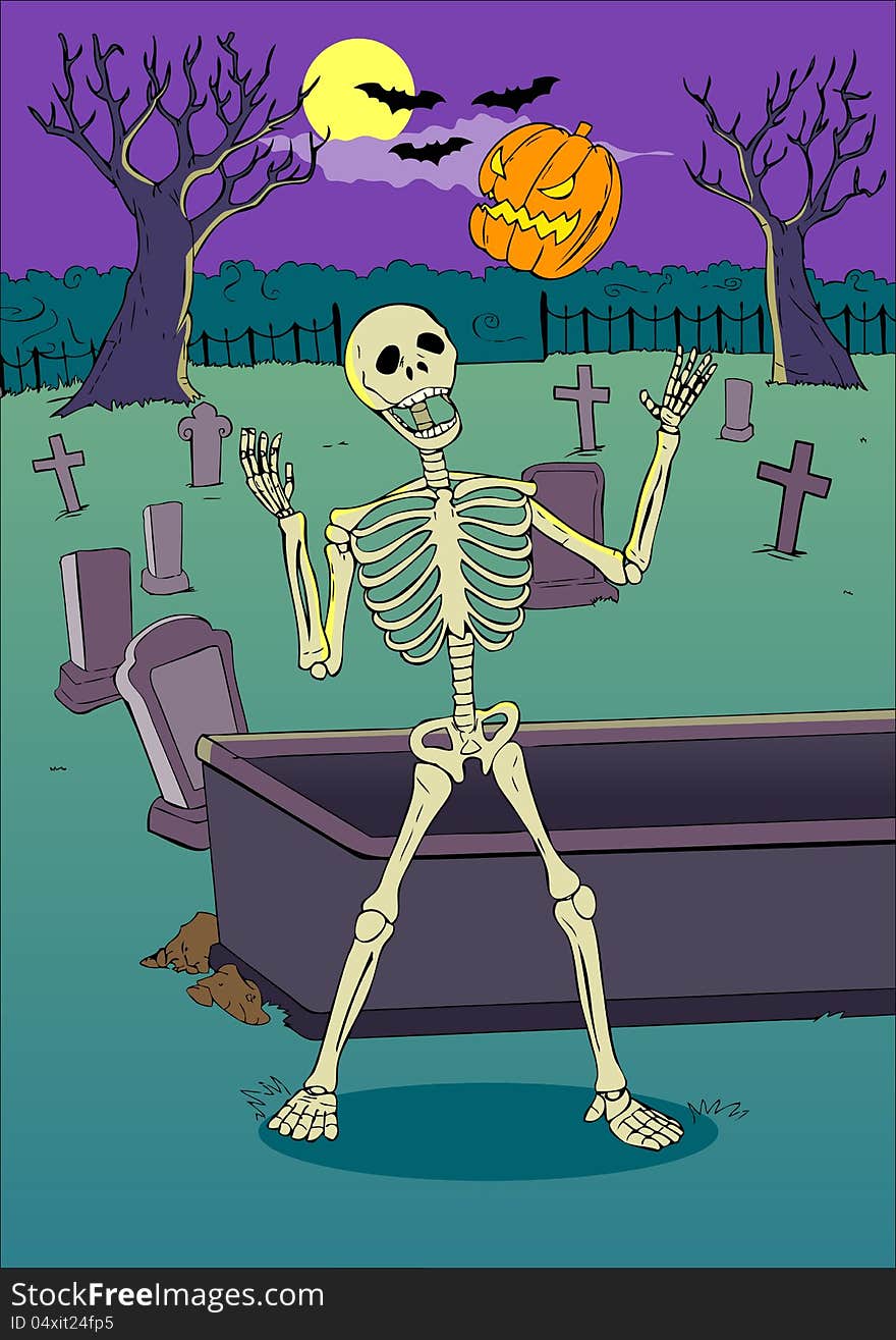 Cartoon illustration of a skeleton playing with pumpkin on graveyard