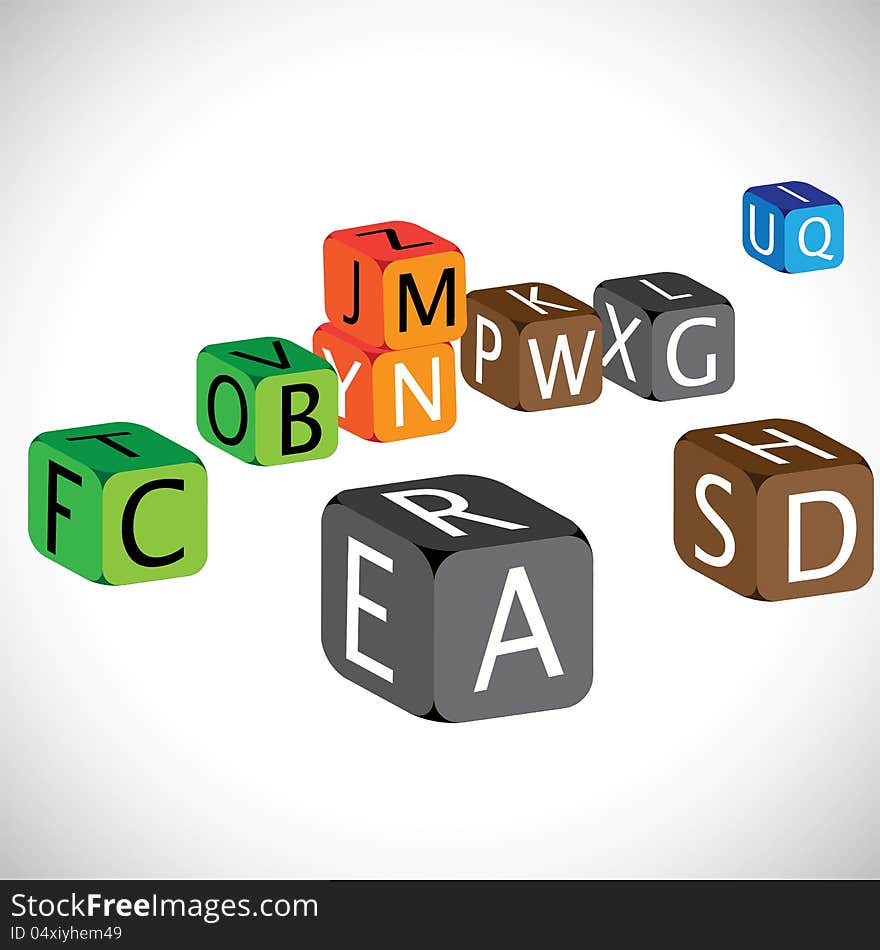 Illustration of colorful cubes of alphabets. The cubes are made of english language characters in capital case which are used to teach children