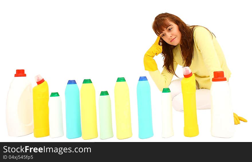 Woman choosing detergent isolated on a white background