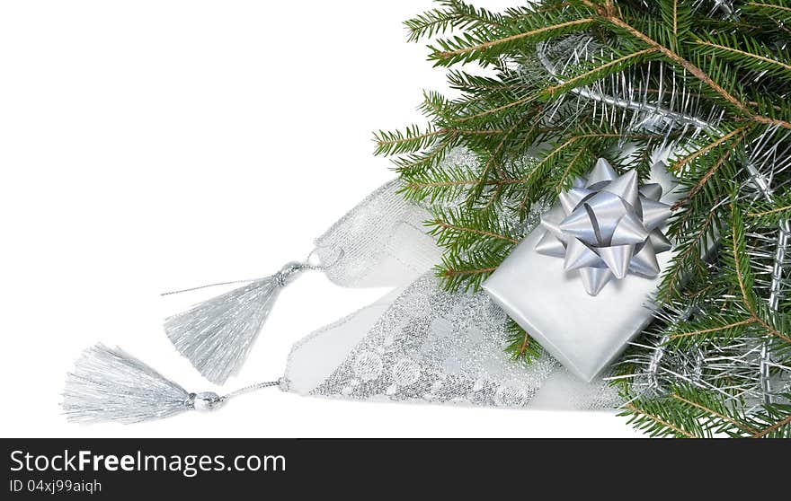 Christmas decoration with gift on the white background. Christmas decoration with gift on the white background