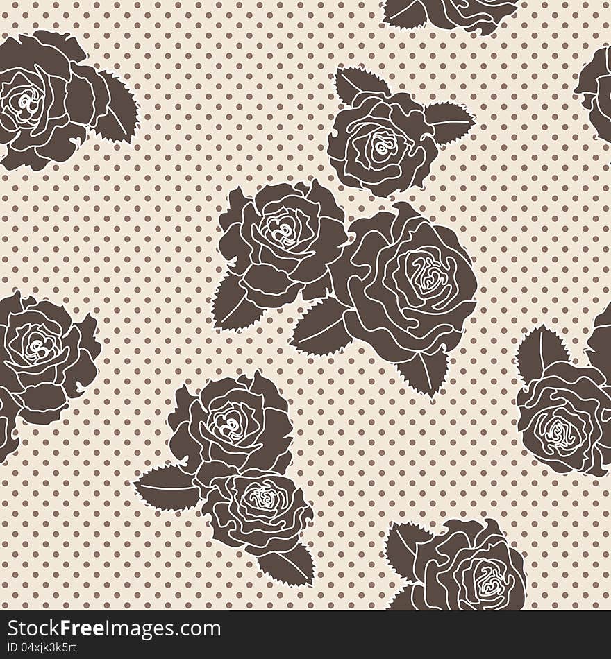 Vector rose seamless pattern on polka dotted background