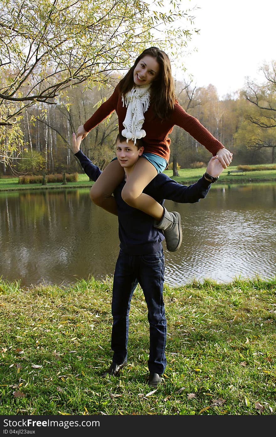 Loving couple on date autumn outdoor.