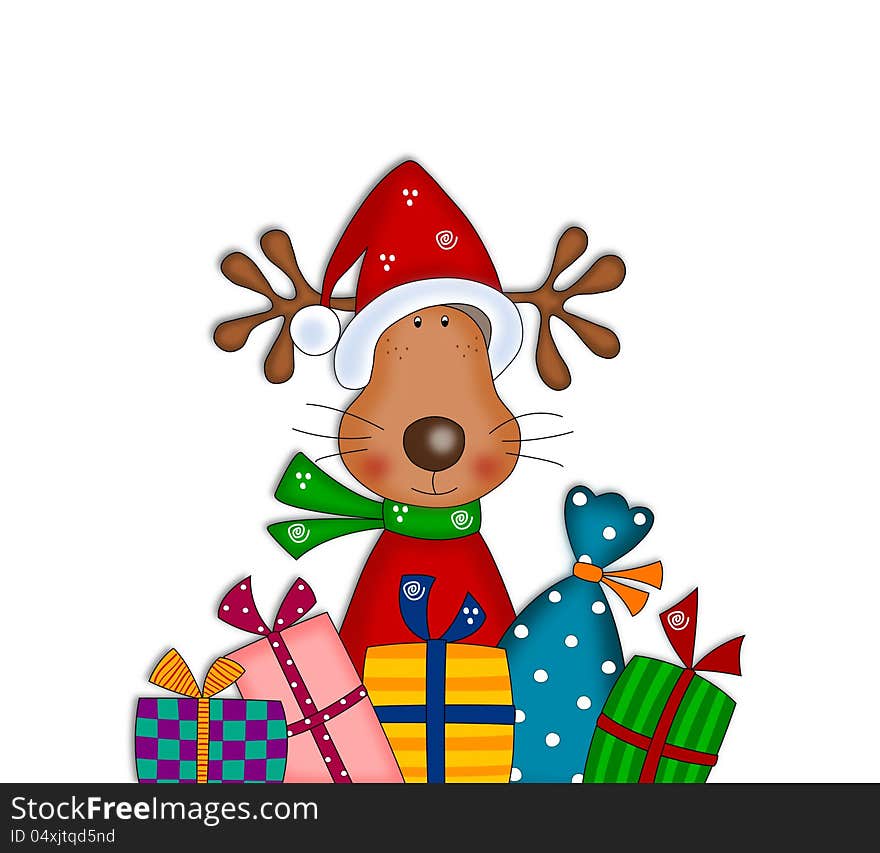 Reindeer With Gifts. Cartoon Characters.