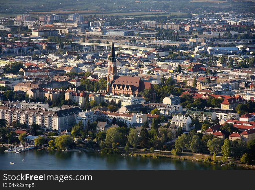 View on Pfarre St. Leopold, Vienna from Donauturm