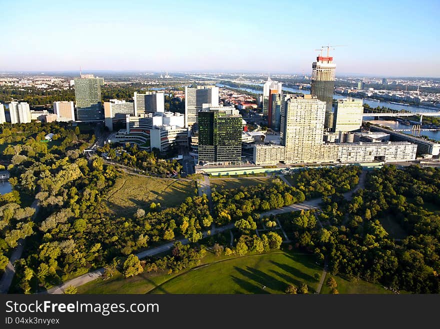 View on skyline Uno City Vienna from Donauturm tower, Austria. View on skyline Uno City Vienna from Donauturm tower, Austria