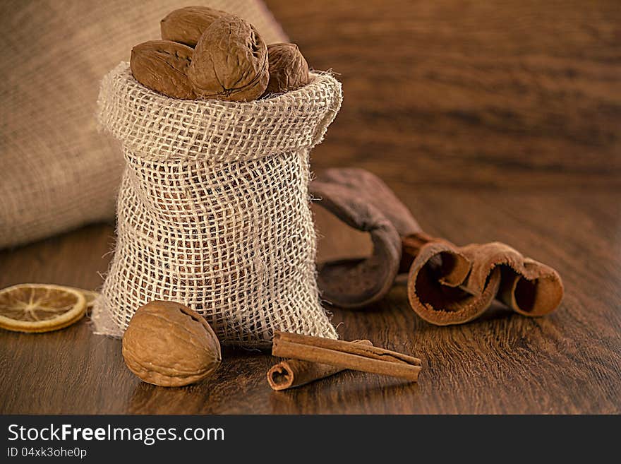 Mix Nuts In A Burlap Bag