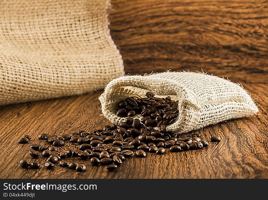 Closeup of coffee beans in burlap bag