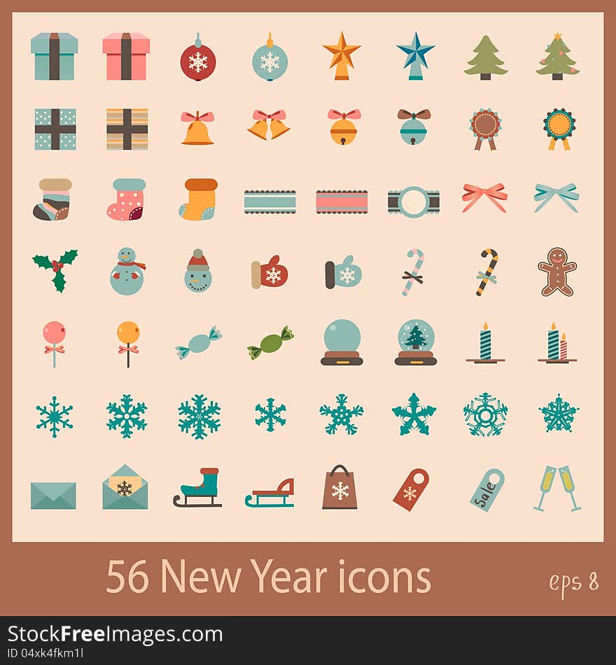 56 New Year and Christmas vintage icons. 56 New Year and Christmas vintage icons