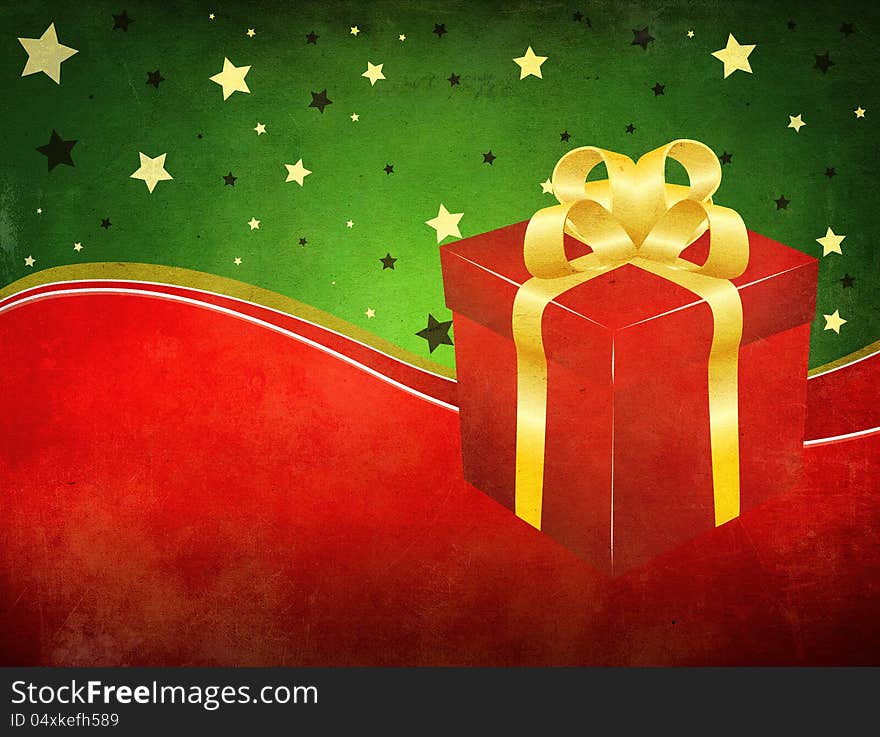 Illustration of red gift box with golden bow on grunge background. Illustration of red gift box with golden bow on grunge background.